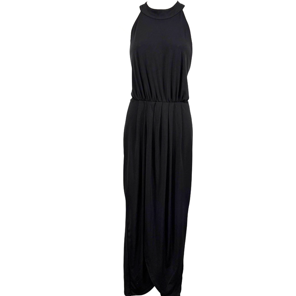 Venus Womens Black Jersey Knit Stretch Pleated Maxi Long Halter Dress sz XL